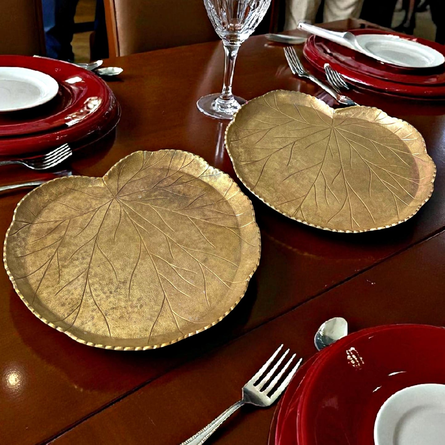 Antique Brass Leaf Shape Plates in Pair | Pital Traditional Serving Thali Pair