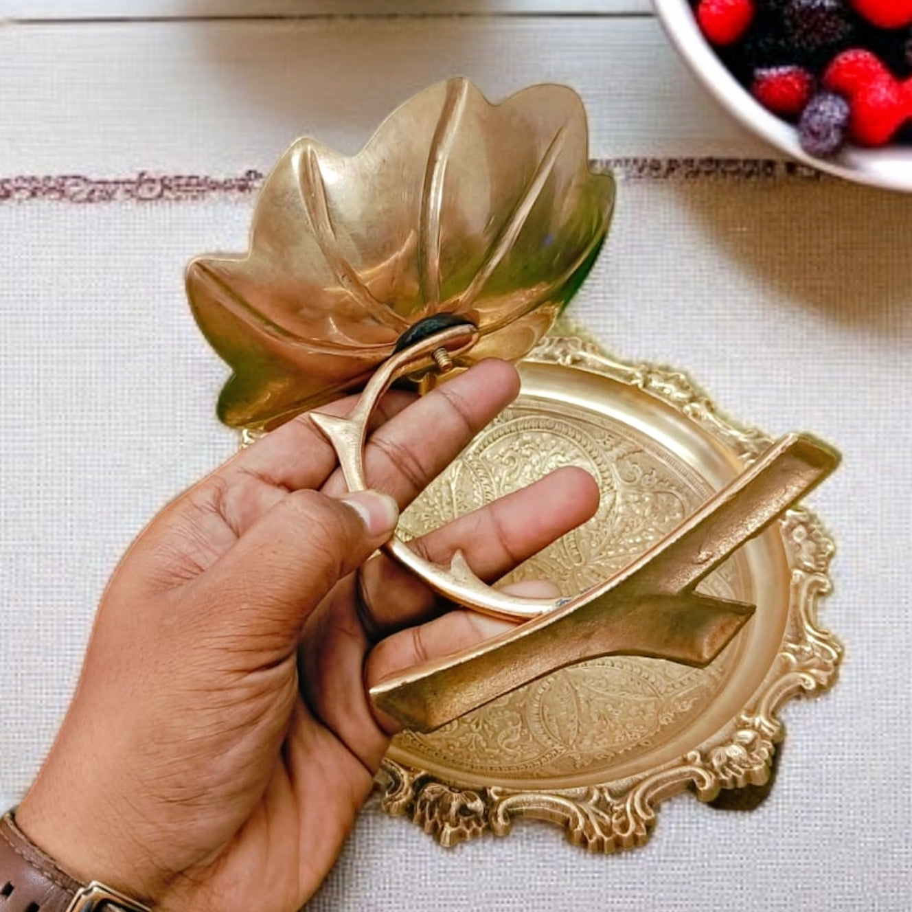 Antique Brass Serving Flower Engraved Design tray | Fruit Bowls in Pair