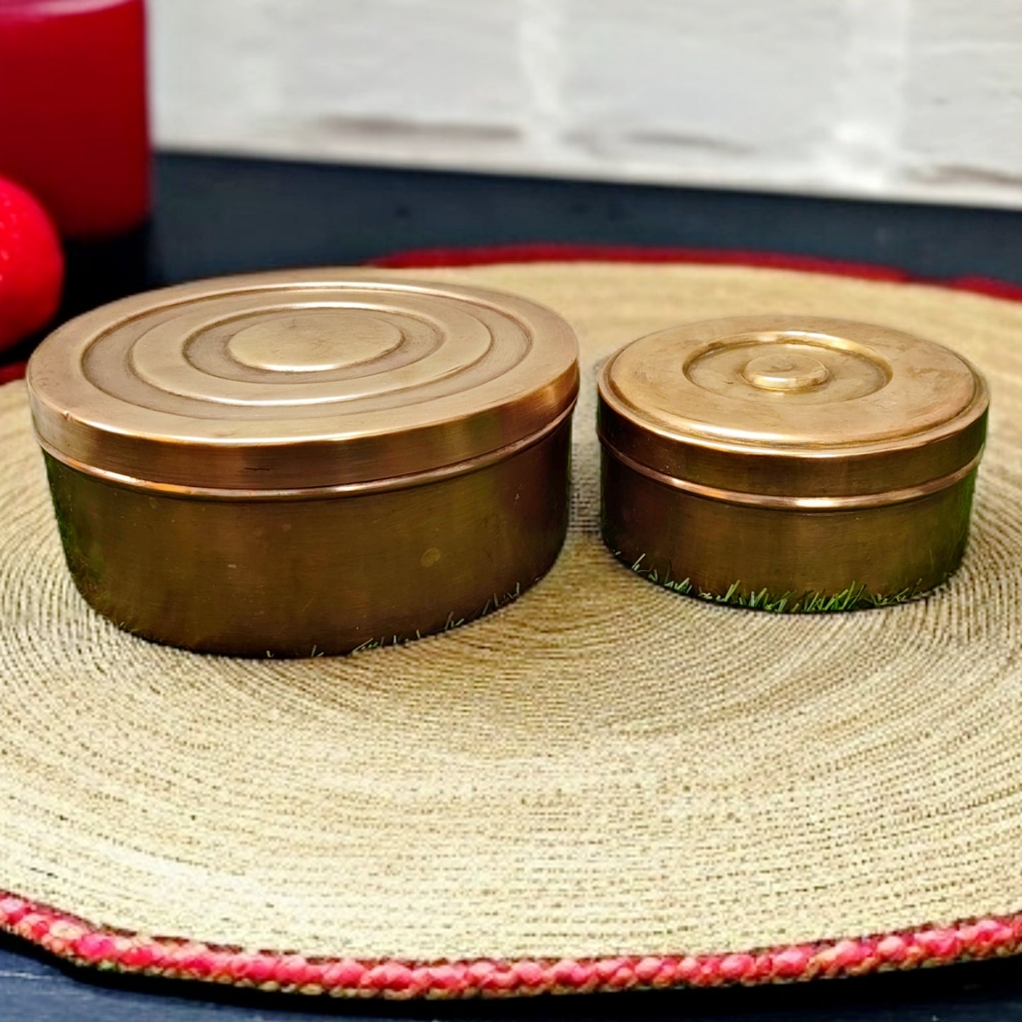 Antique Pital Storage Dabba Pair | Traditional Brass Utility Decor