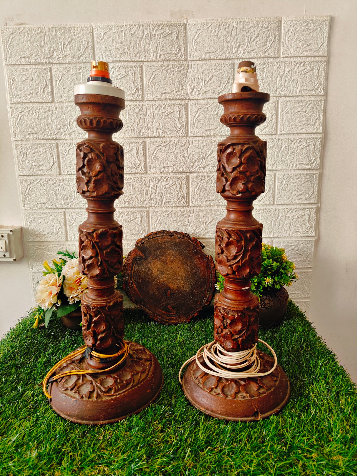 Antique 20 inches Handcrafted Wooden Lamps Pair - Kashmiri Walnut Wood - Bombay Antiques