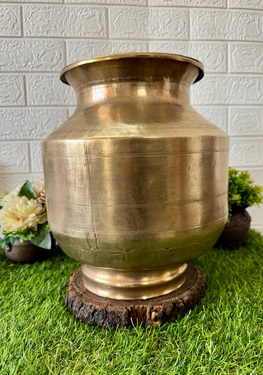 Antique Brass Big Cooking Pot | with Copper lid & Ladle | Brass Stand | Big Pital Bowl Set - Bombay Antiques