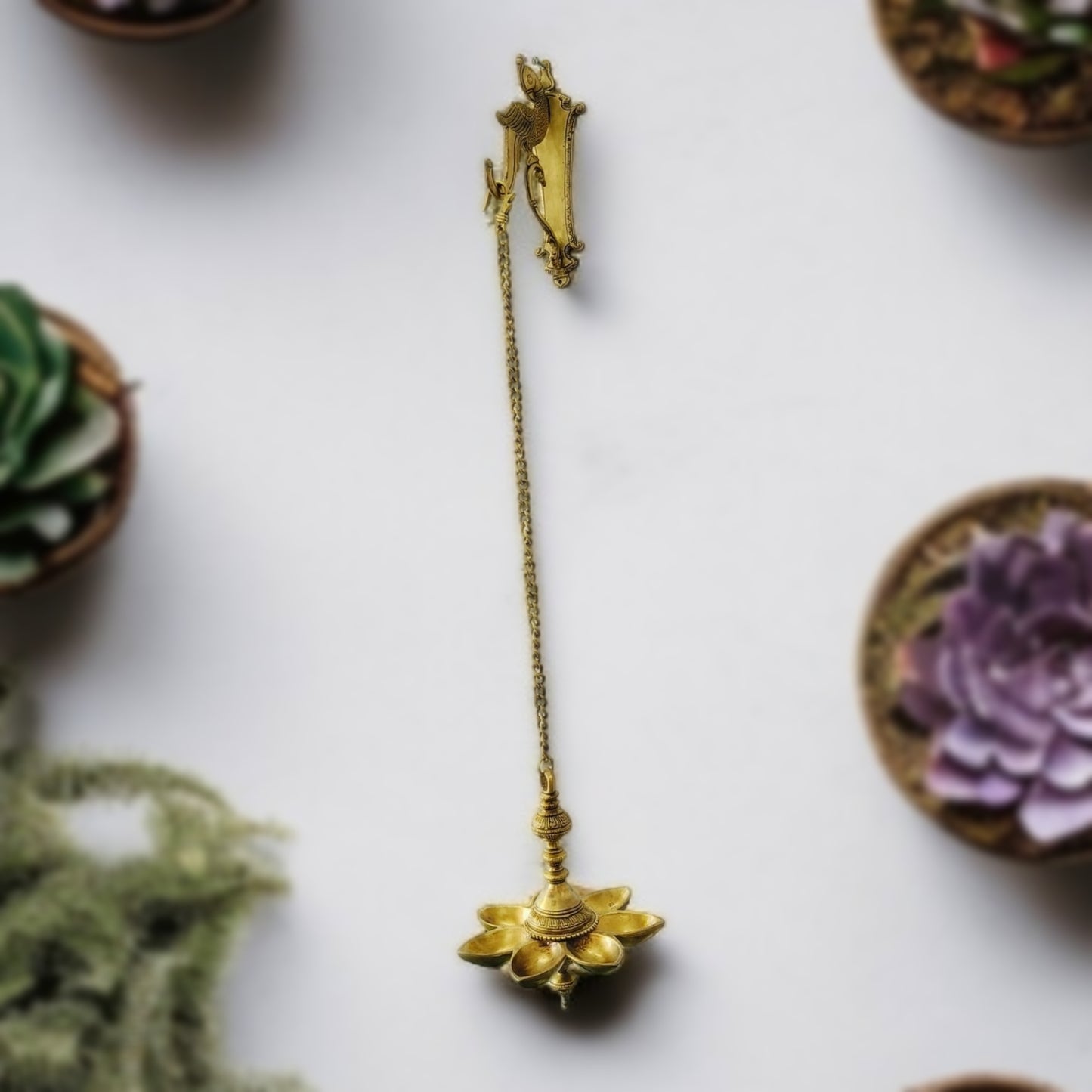 Antique Brass Hanging Diya | Pital Lamandiva | Traditional Lamp with Parrot Wall Mount Hook
