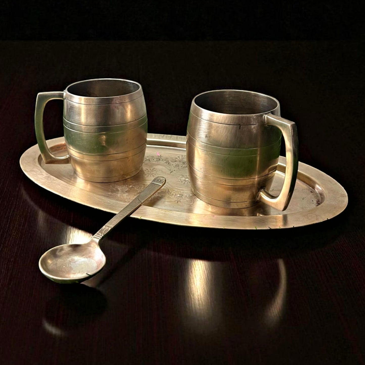 Antique Brass Beverage Set | Traditional Serving Mugs, Tray & Spoons