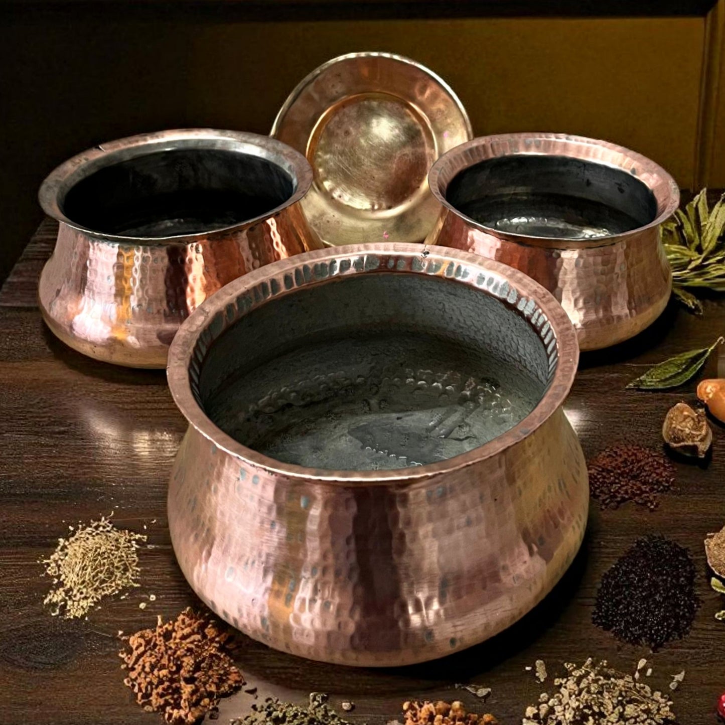 Antique Copper Deg Set of 3 with Brass Lids | Traditional Cooking & Storage Vessels