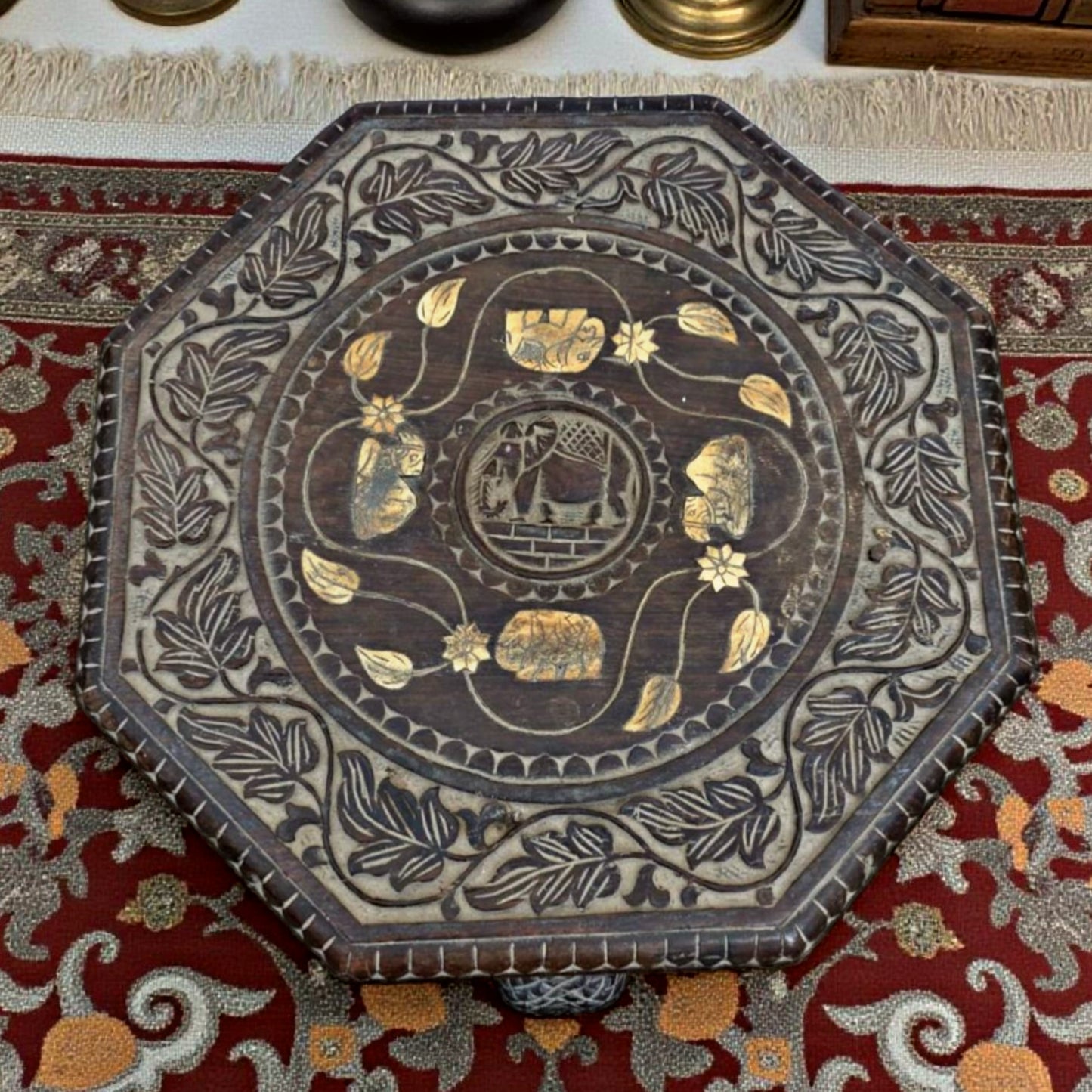 Antique Rosewood Elephant Motif Table | Bone Inlay Accent Furniture