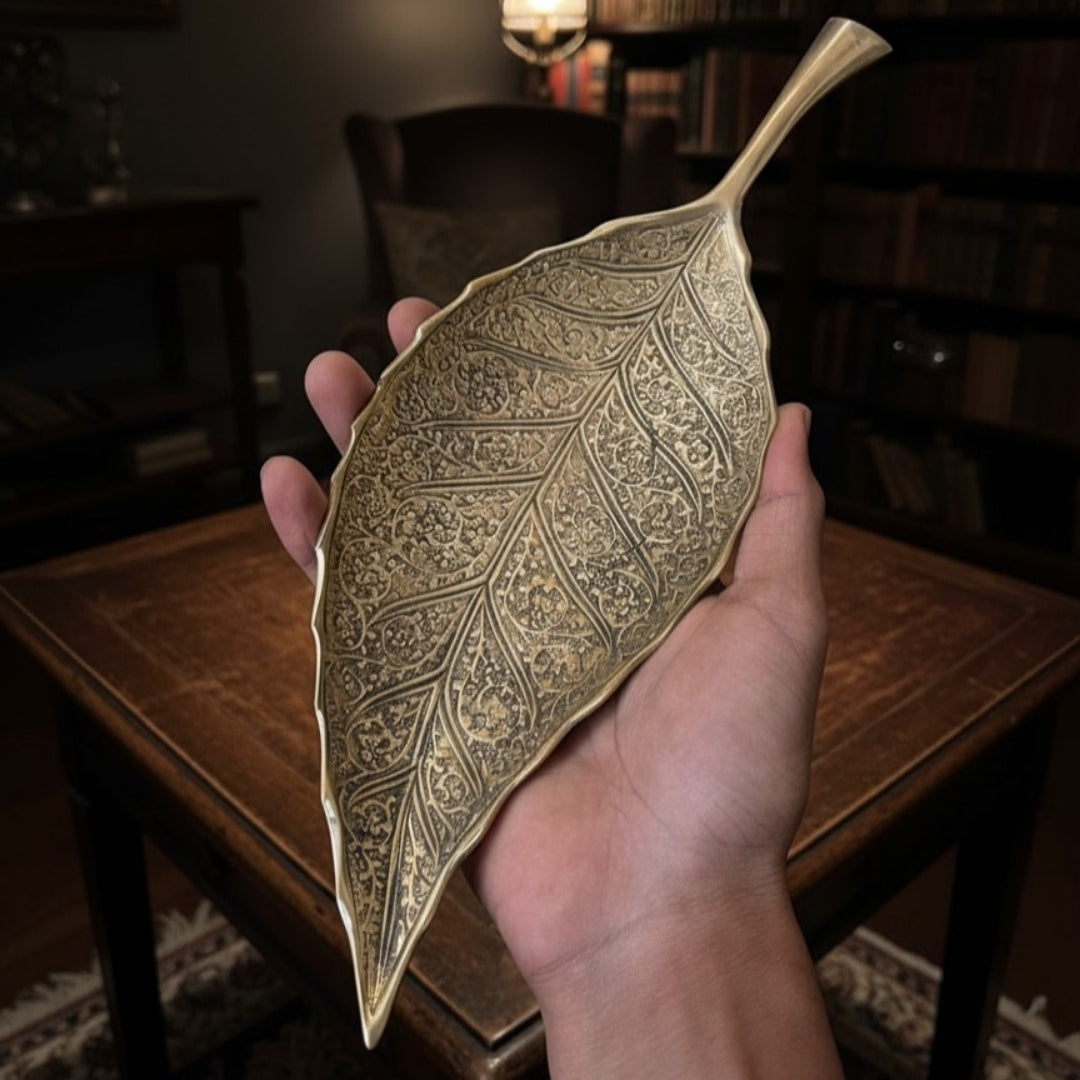 1964 Antique Brass Leaf & Mango Shape Engraved Serving Tray Pair