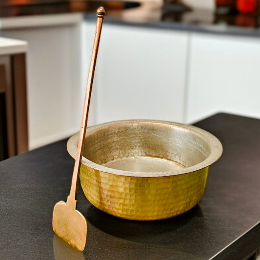 Antique Brass Langadi with Spatula | Traditional Pital Lagan Set Thick Gauged | Cultural Utility Decor