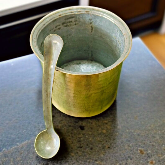 Antique Brass Cooking Bowl with Ladle | Traditional Long Shaped Kitchenware | Collectible Dรฉcor