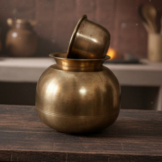 1970 Antique Brass Kalash With Pyala | Pital Traditional Storage & Decor