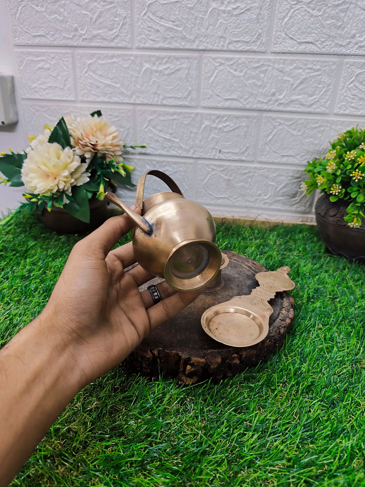 Antique Brass Small Kamandalam, Diya and Sindur Dabbi Small Set