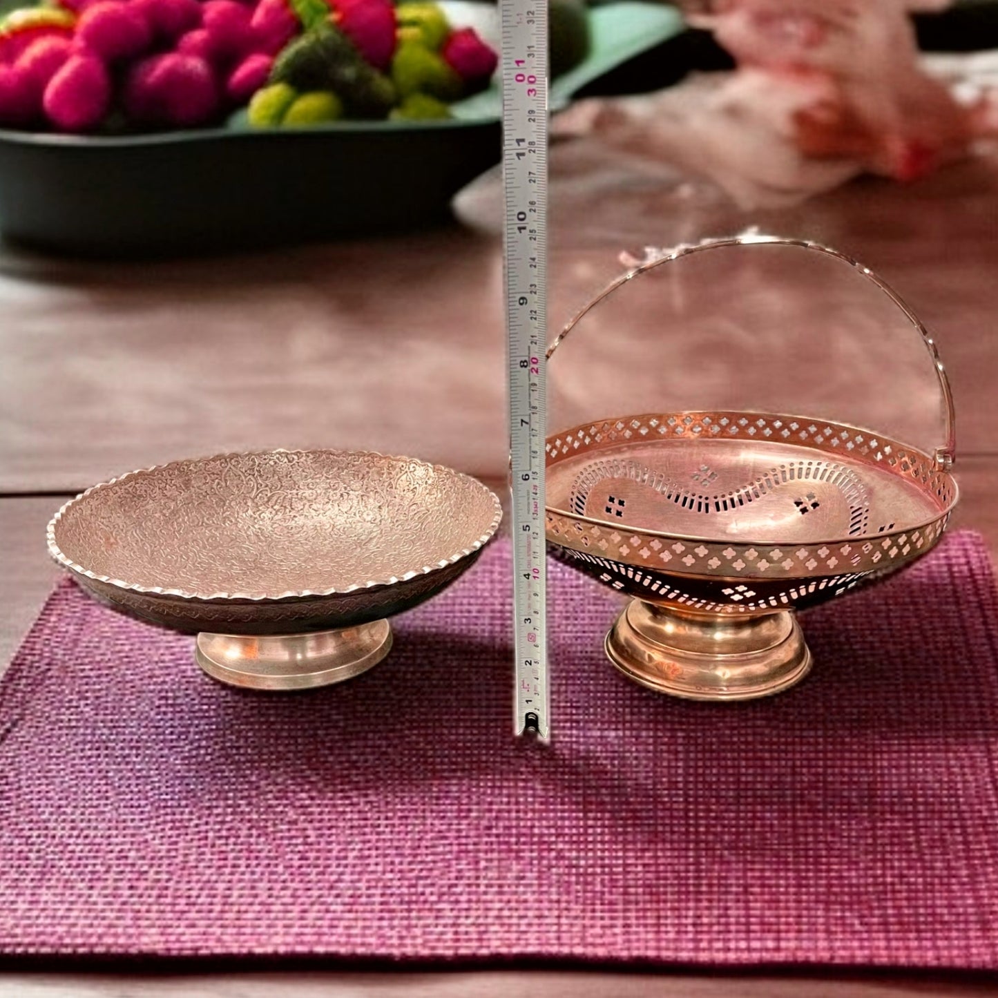 Antique Brass Fruit Bowl Set | Engraved Pital Basket Pair | Traditional Decor Pieces