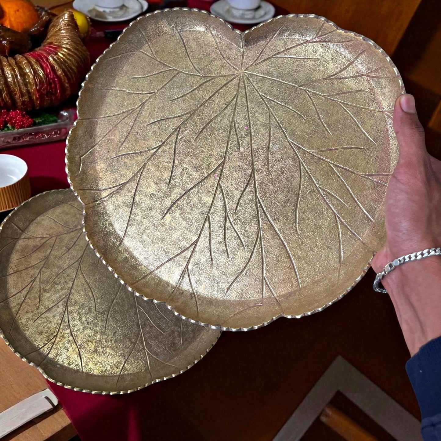 Antique Brass Leaf Shape Plates in Pair | Pital Traditional Serving Thali Pair