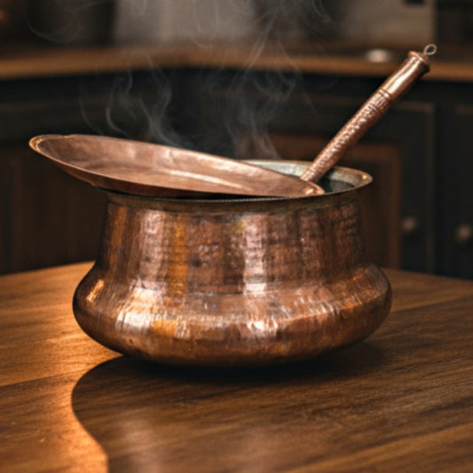 1960 Antique Copper Big Size Deg with Lid and Ladle | Traditional Kitchen & Cooking Vessel