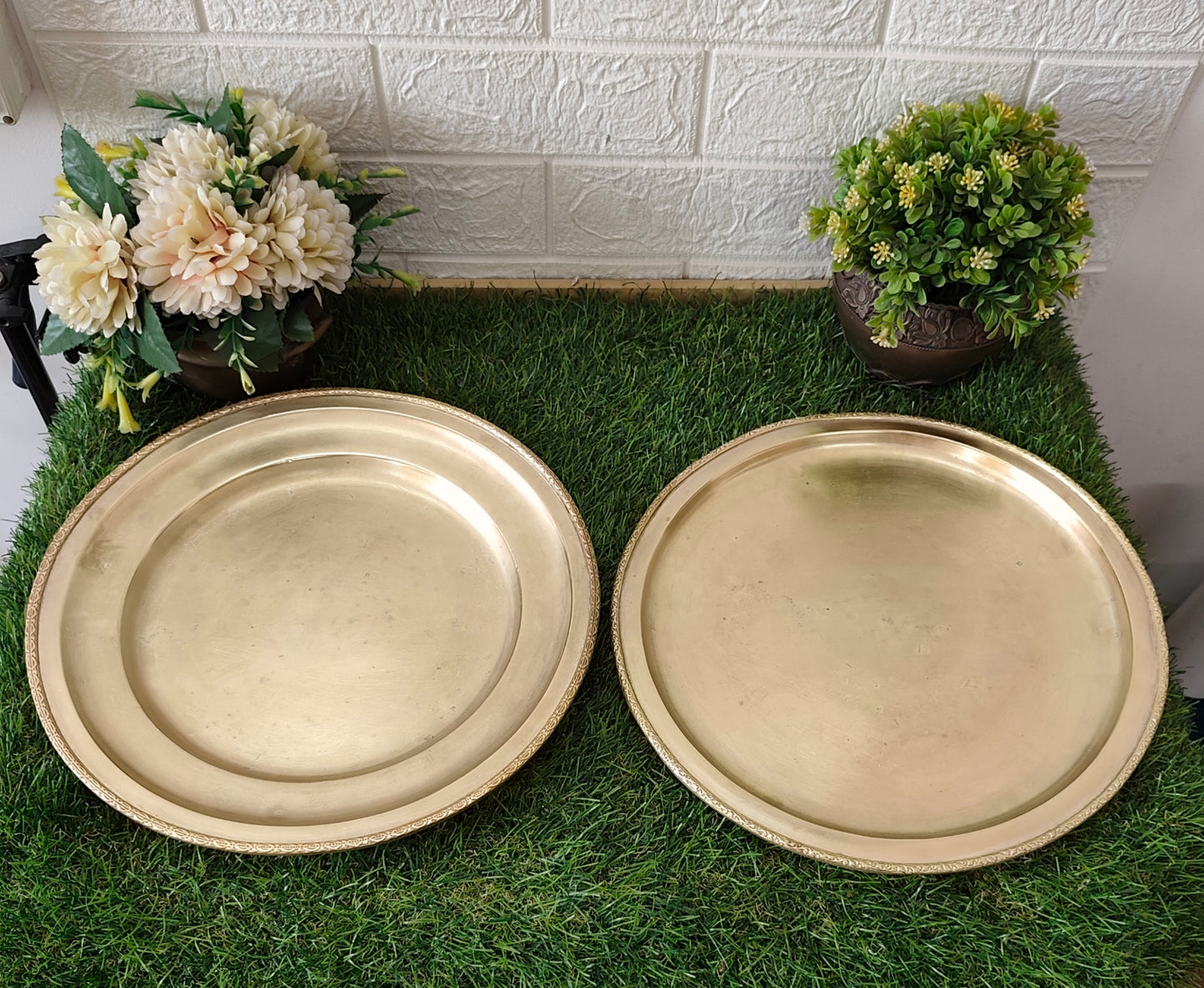 Antique Brass Plates in pair - Bombay Antiques