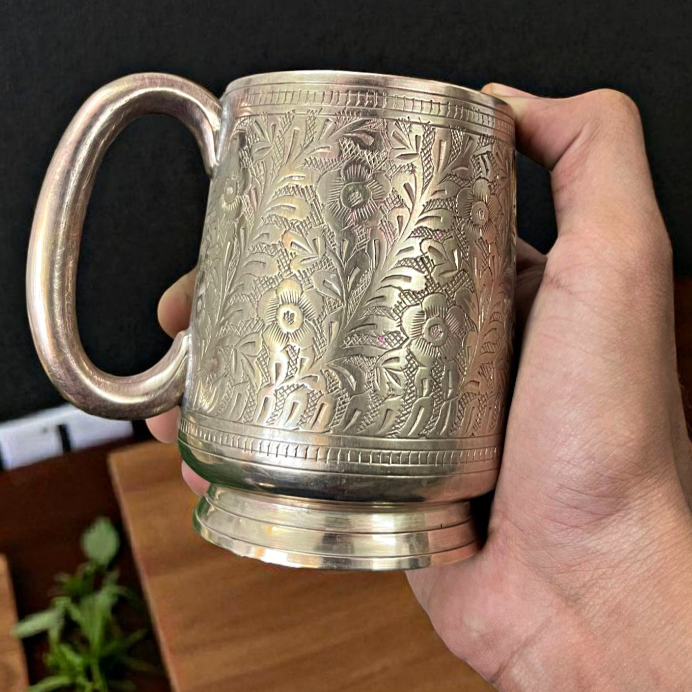 Antique Brass Mug Set of 4 with Tray & Spoons | Traditional Serveware Collection