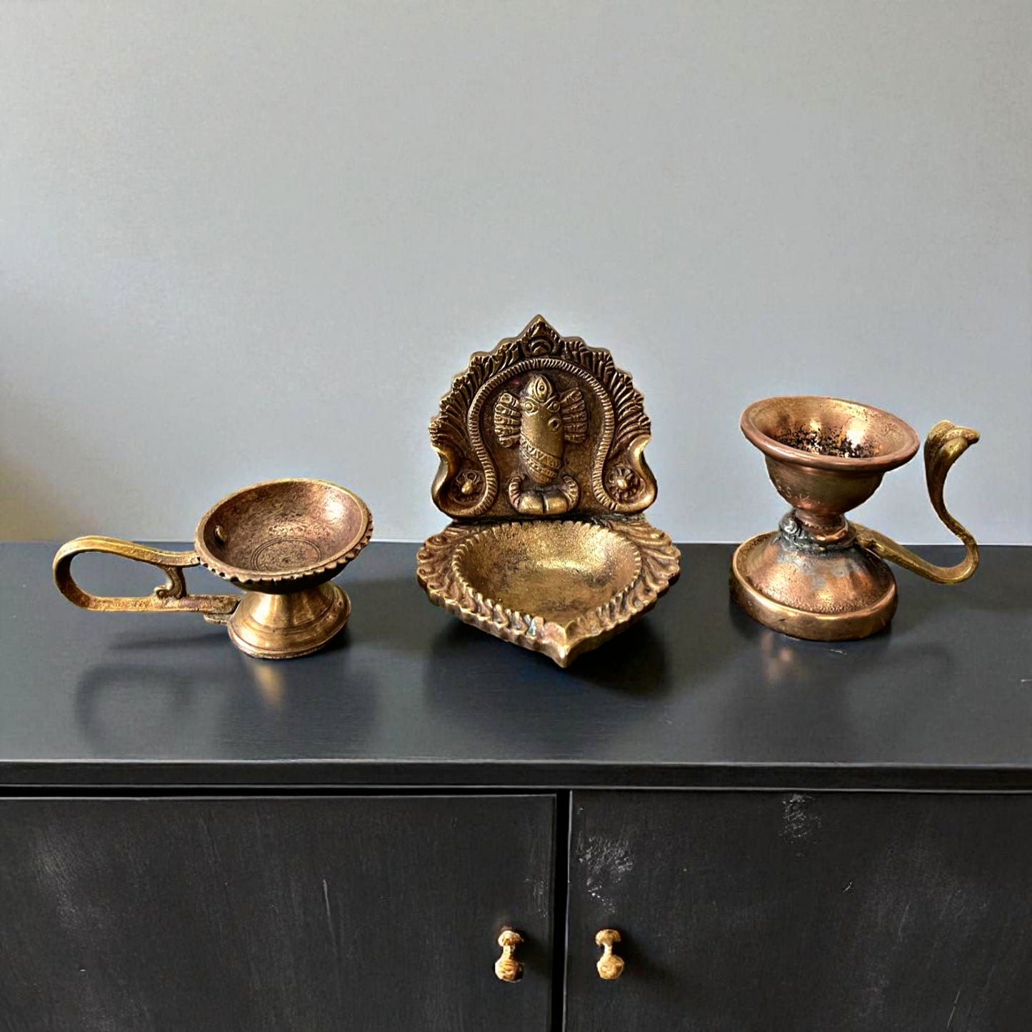 Antique Brass Diya Set of 3 | Pital Traditional Oil Lamps