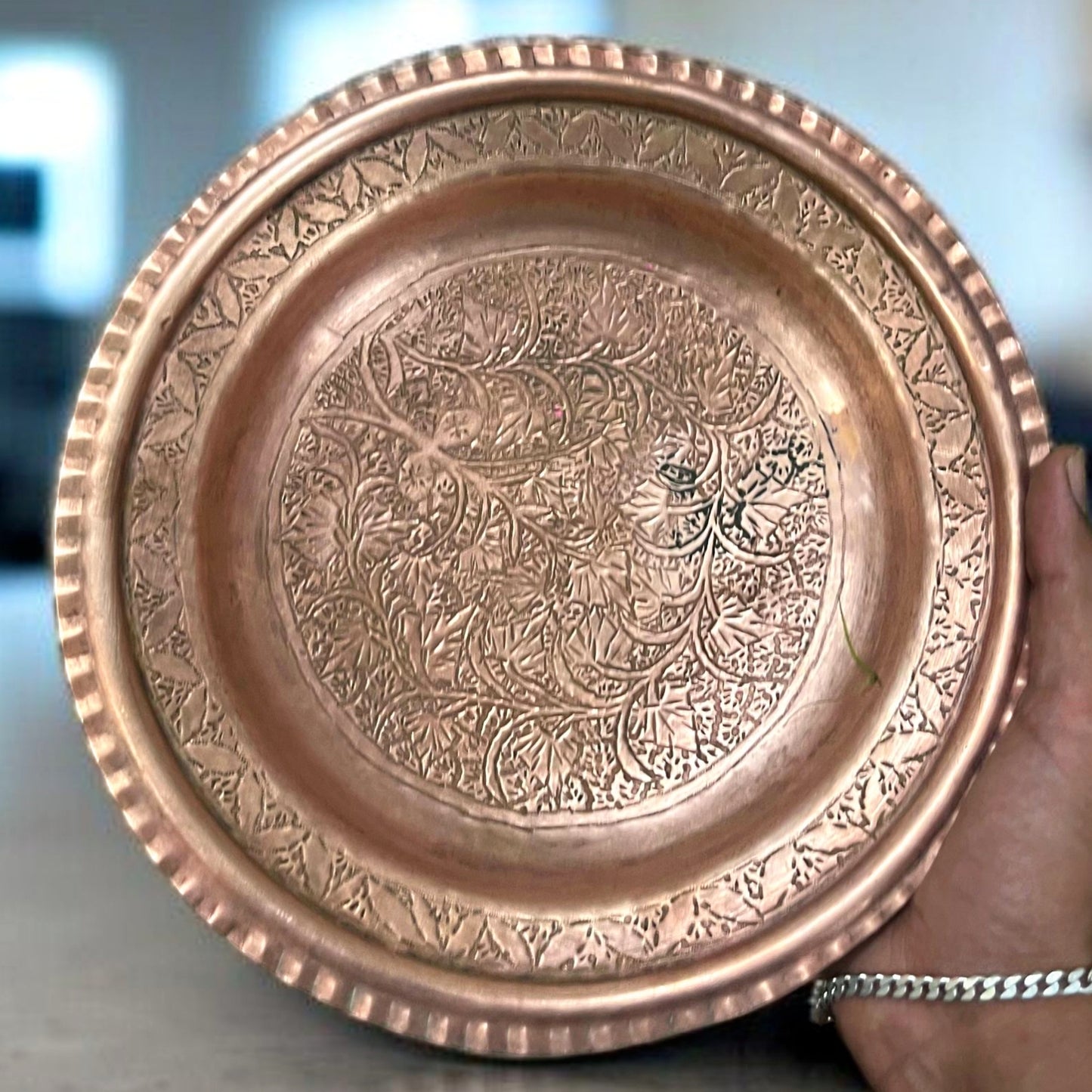 Antique Copper Engraved Bowl & Plate | Traditional Serving Rare Pair