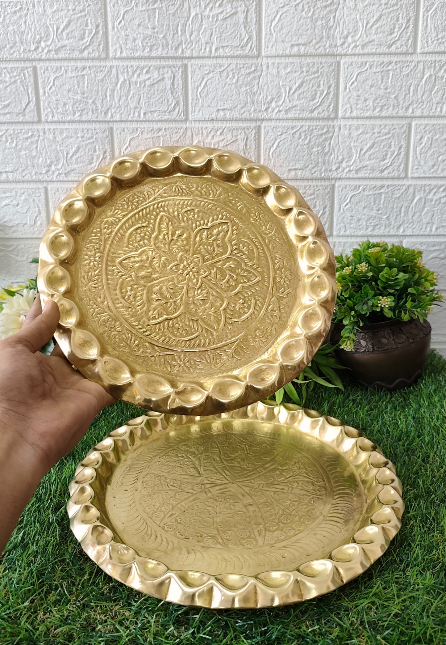 Antique Brass Engraved Plates with Unique borders in pair - Bombay Antiques