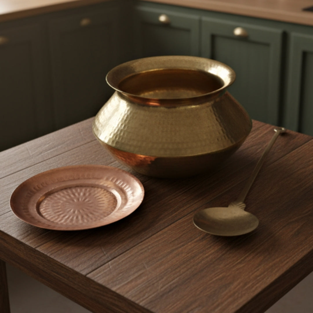 1976 Antique Brass Cooking Big Size Bowl with Spoon & Stand | Traditional Kitchen & Dining Utensil