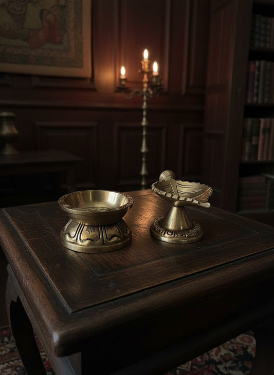 1985 Antique Brass Diya Pair | Pital Traditional Decor Lighting Set