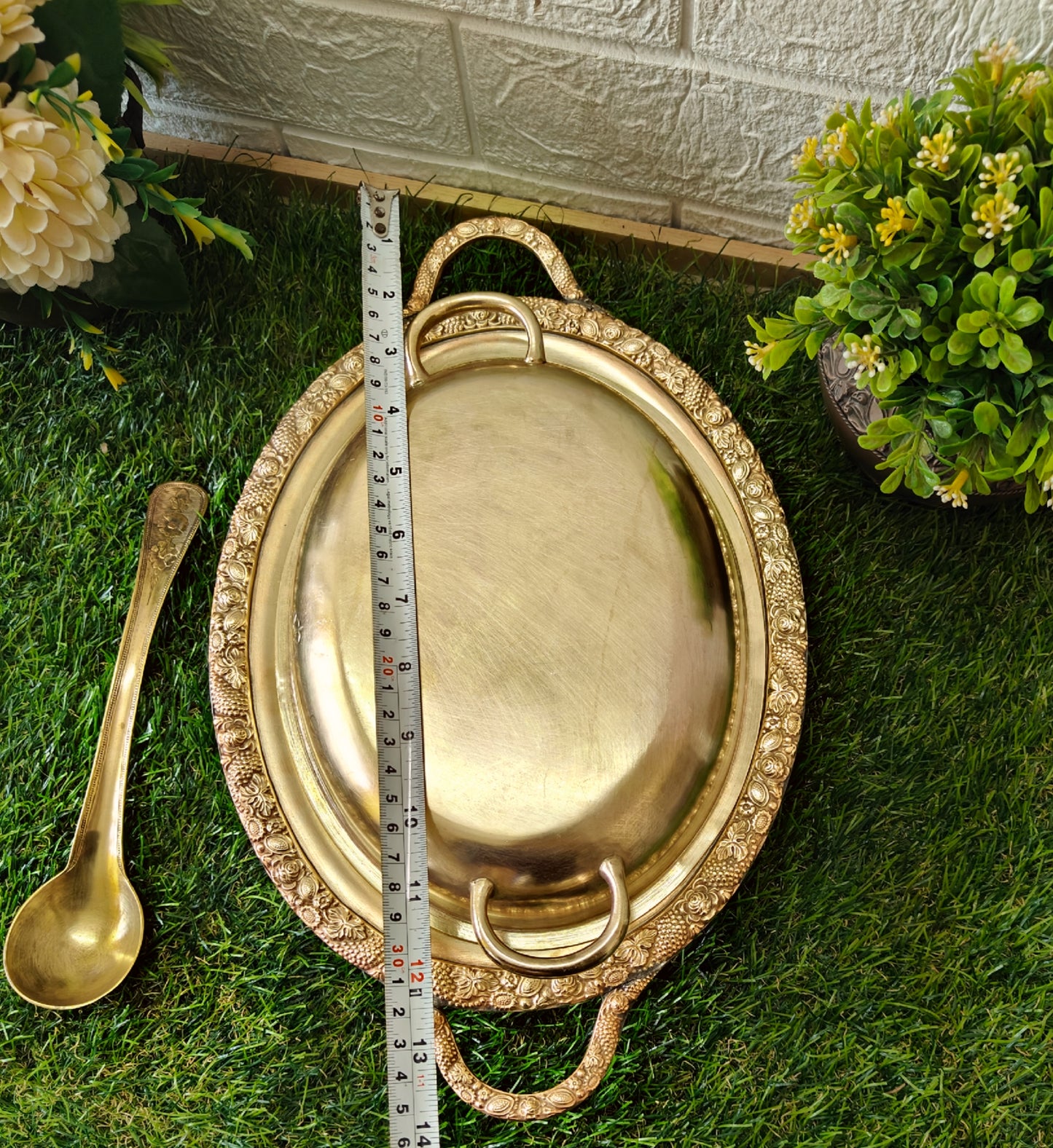 Antique Brass Engraved Dish with Lid & Spoons - Serving Items