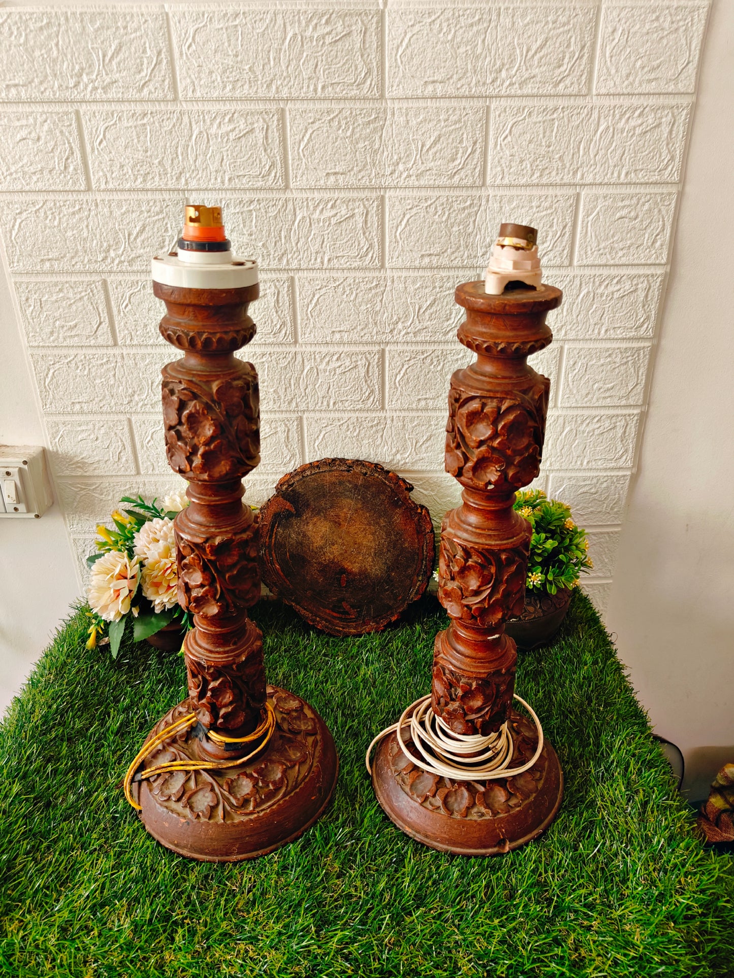 Antique 20 inches Handcrafted Wooden Lamps Pair - Kashmiri Walnut Wood - Bombay Antiques