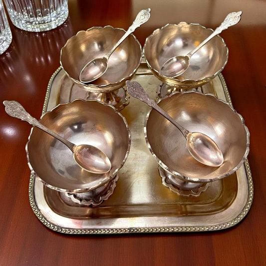 Antique Brass Dessert Set | Traditional Serving Set with Tray & Spoon