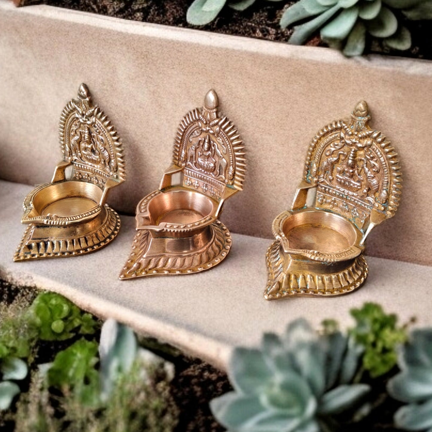 Antique Brass Diya Set | Traditional Asht Diya Samai | Pital Oil Lamp Set of 3