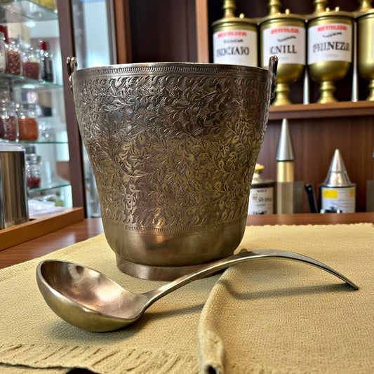 Antique Brass Engraved Small Bucket with Spoon | Traditional Serveware & Decor
