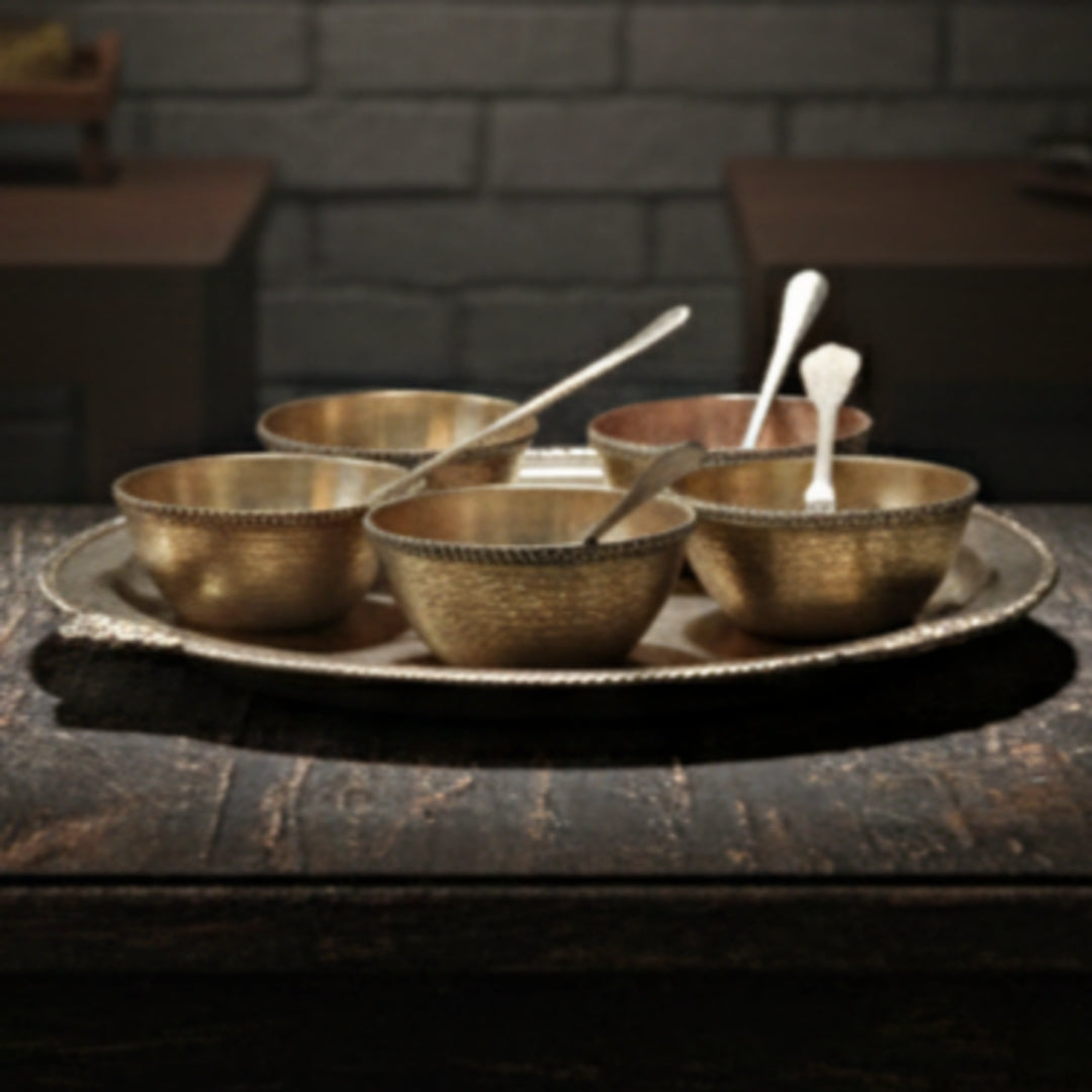 1985 Antique Brass Dessert Set with Ornated Borders | Traditional Serving Collection