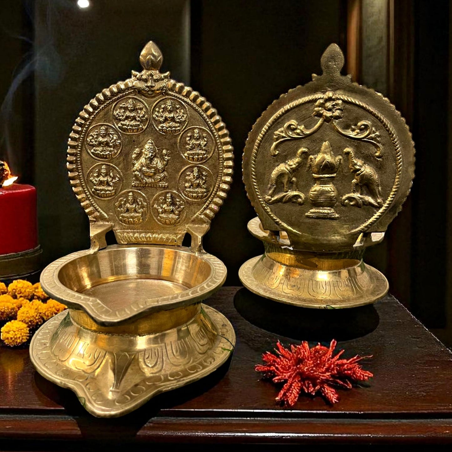 Antique Brass Diya in Pair | Traditional Big Size Oil Lamp