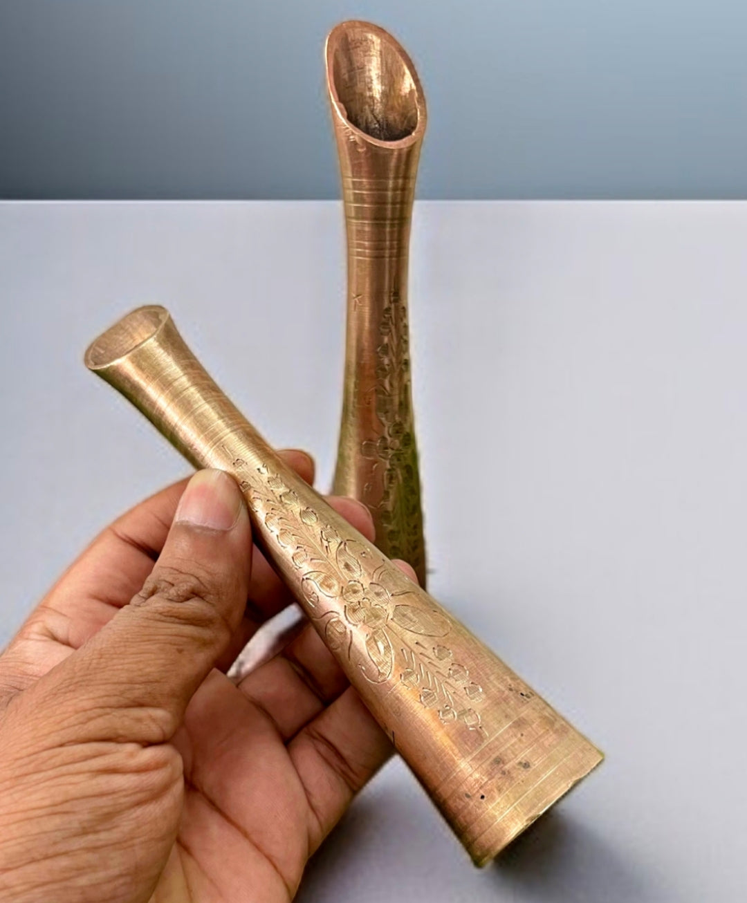 Antique Brass Small Etched Flower Vase | Traditional Craftsmanship | Décor Pair