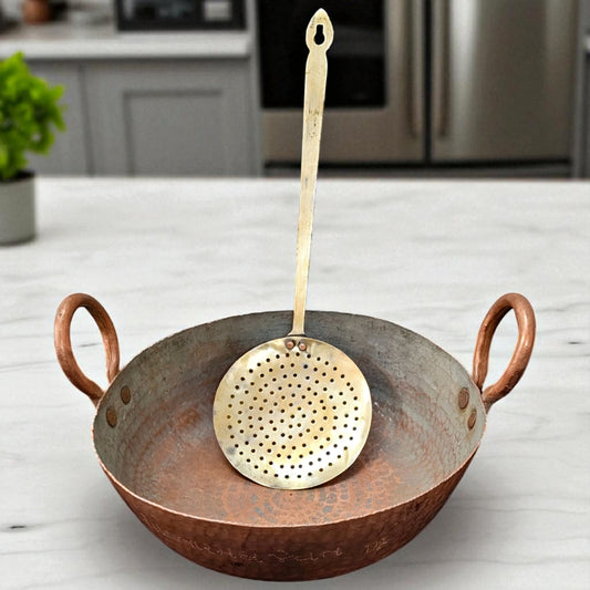 Antique Copper Kadai with Brass Skimmer | Traditional Cooking Utensil Set