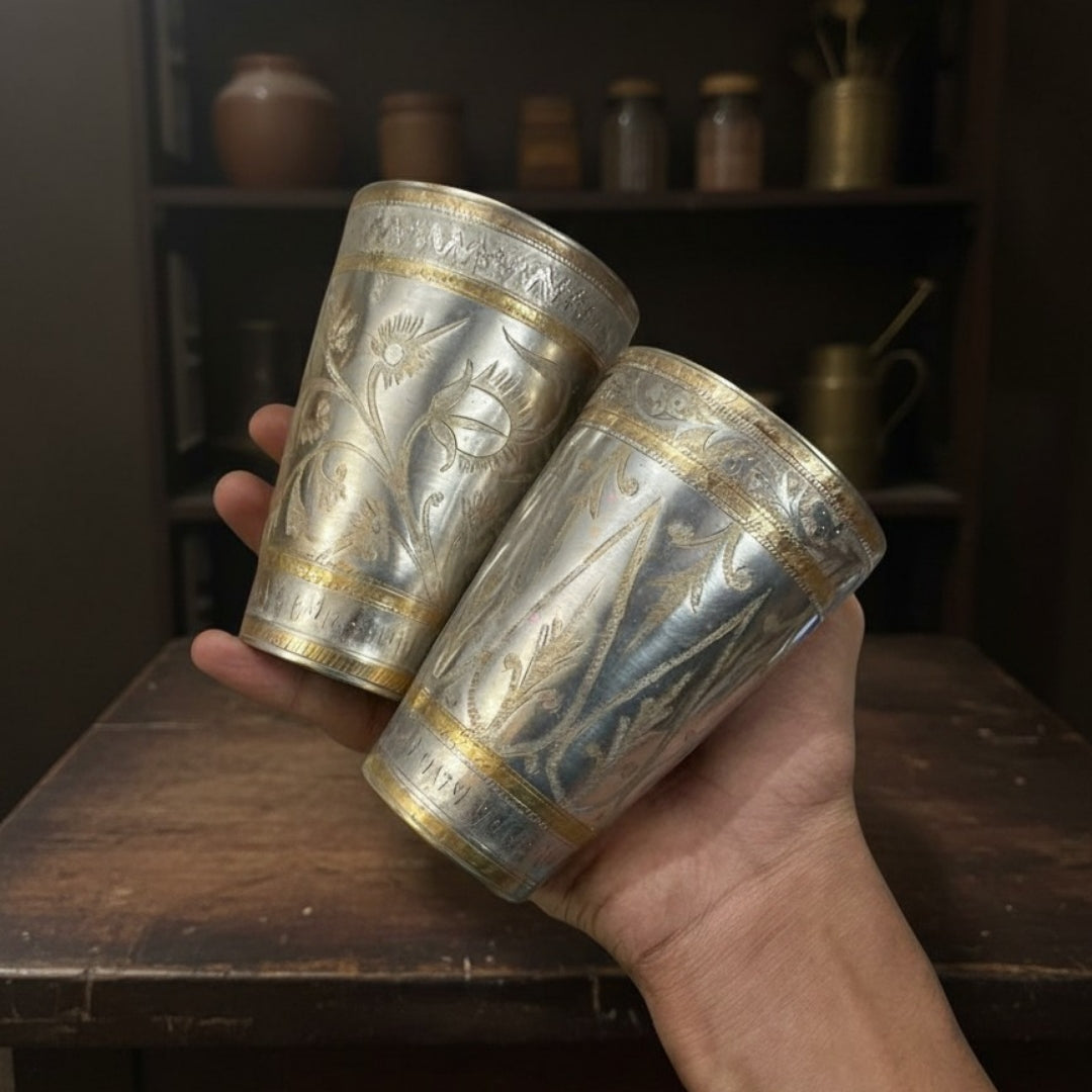 1970 Antique Brass Jug with 2 Handmade Glasses | Traditional Serveware & Heritage Dining Set