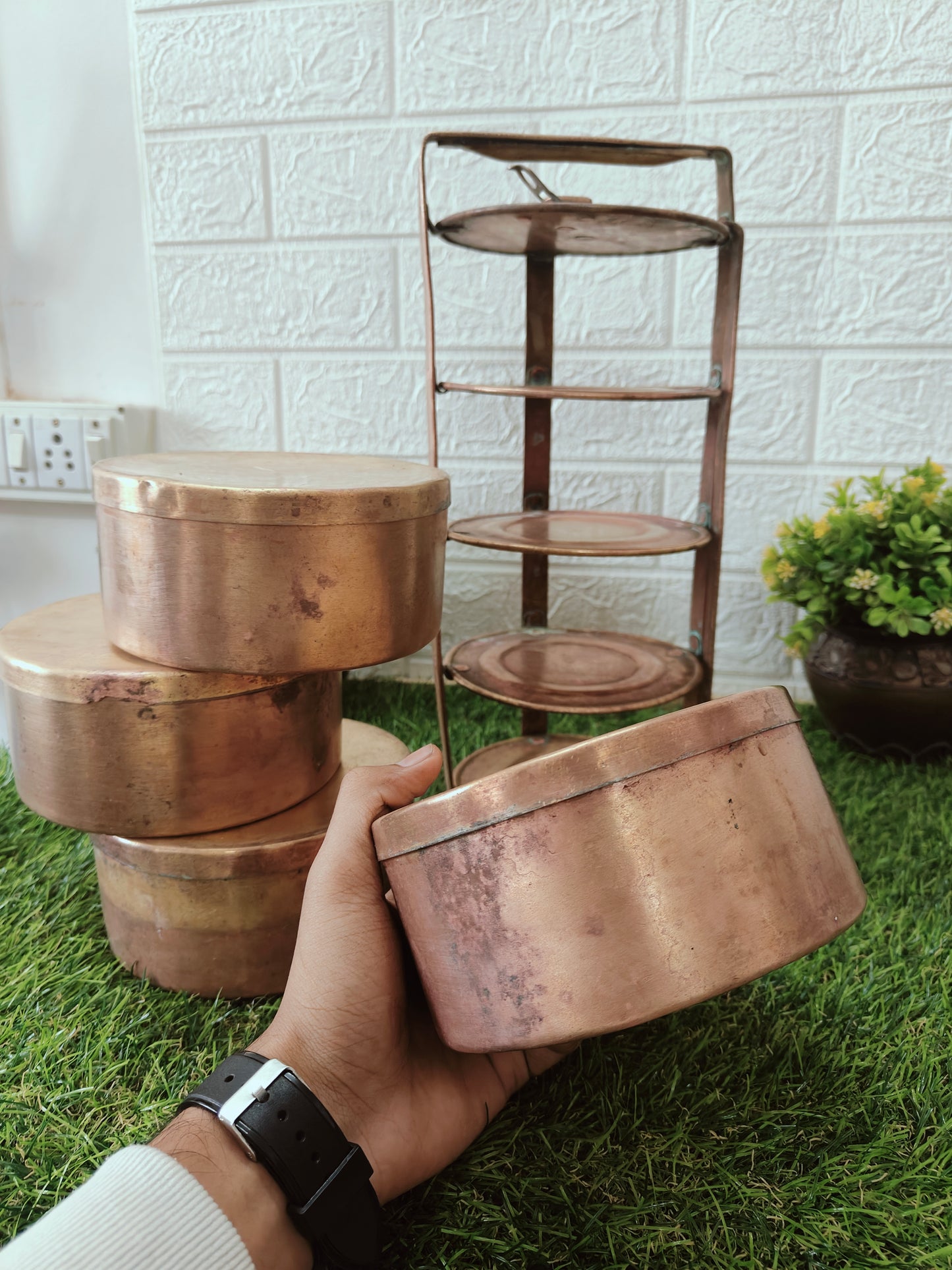 Antique Brass Tiffin with four Box - Bombay Antiques