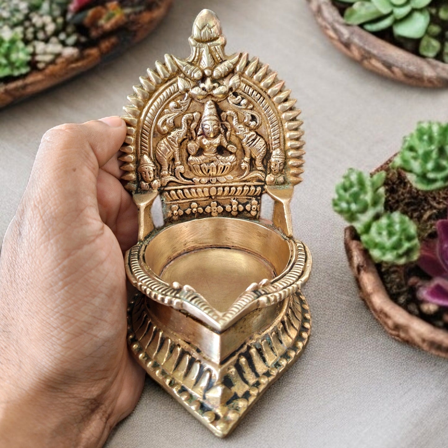 Antique Brass Diya Set | Traditional Asht Diya Samai | Pital Oil Lamp Set of 3