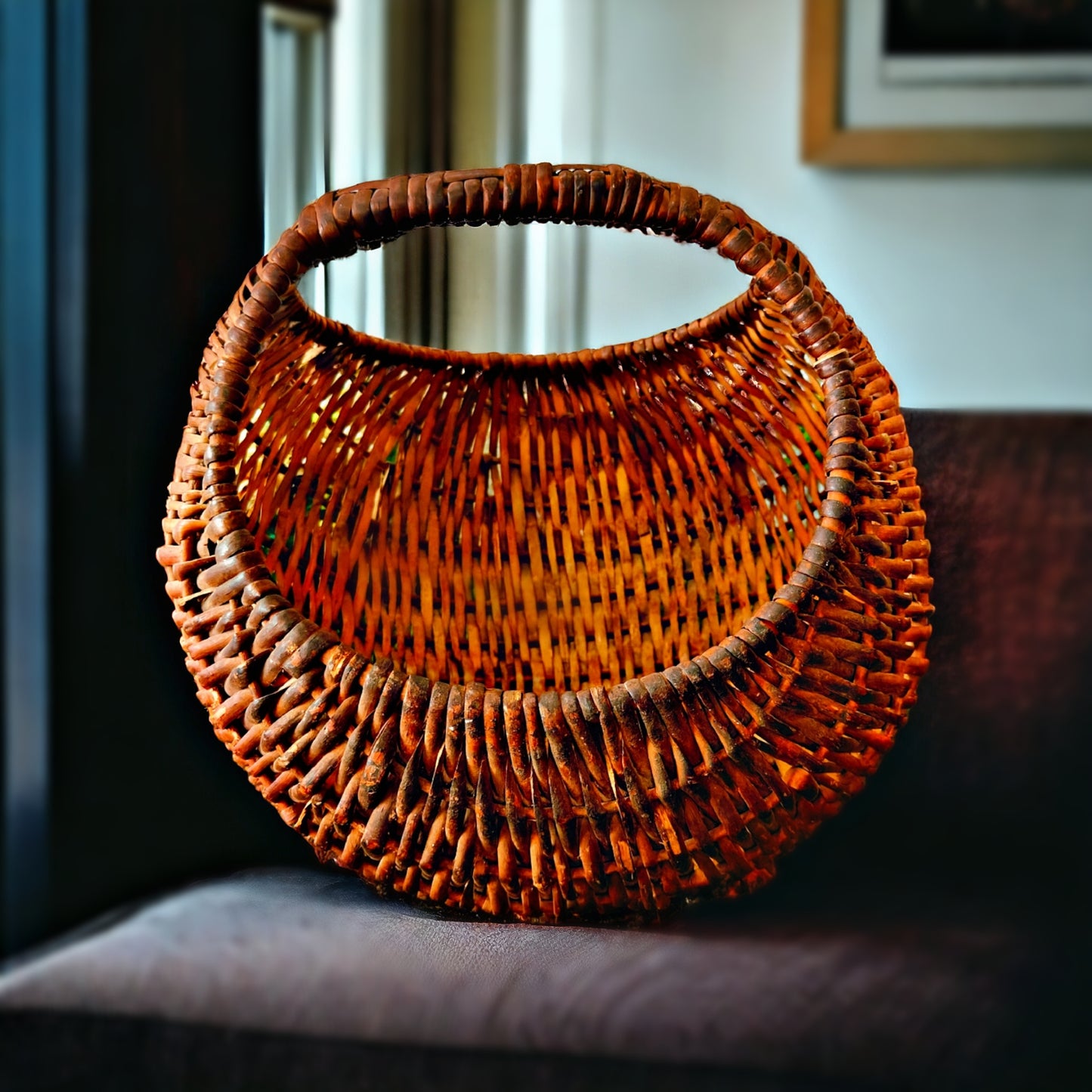Antique Wooden Light Cane Big Basket - Bombay Antiques