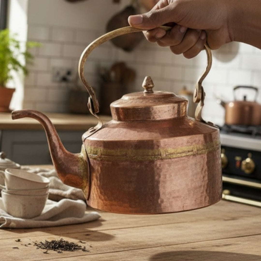 1989 Antique Copper Kettle with Brass Glass | Solid Metal Beverage Set