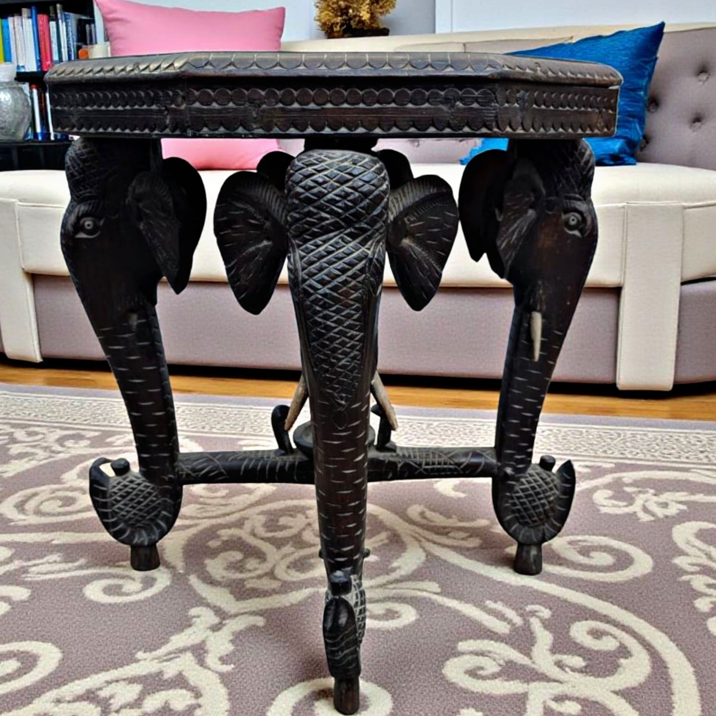 Antique Rosewood Elephant Motif Table | Bone Inlay Accent Furniture