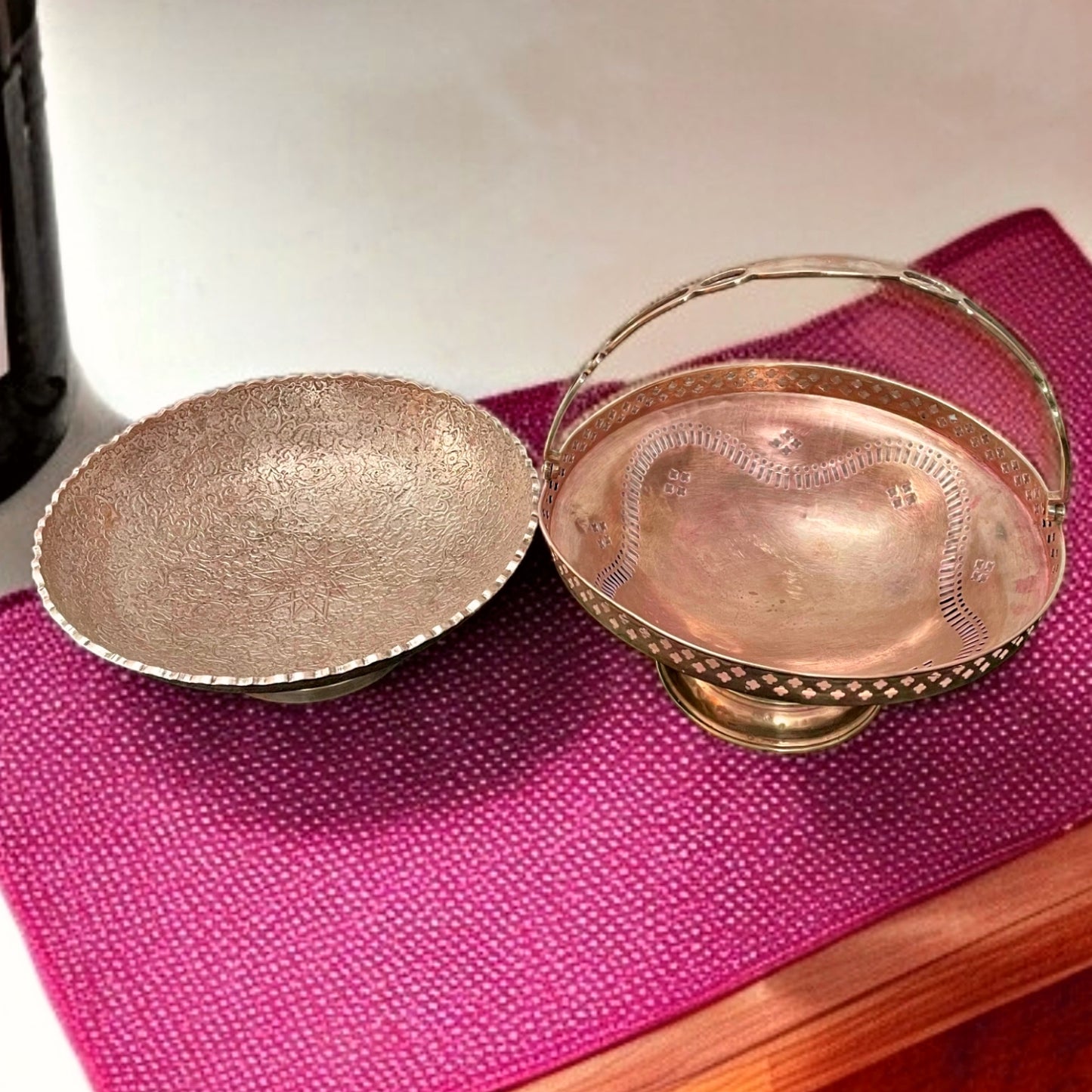 Antique Brass Fruit Bowl Set | Engraved Pital Basket Pair | Traditional Decor Pieces