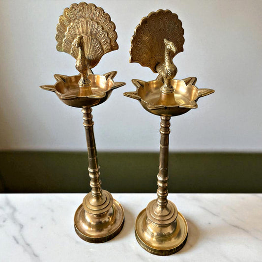 Antique Brass Peacock Shape Samay | Traditional Deepam Pair