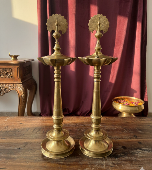 1977 Antique Brass Samay Pair with Lid | Traditional Tall Oil Lamps pair in Peacock Design
