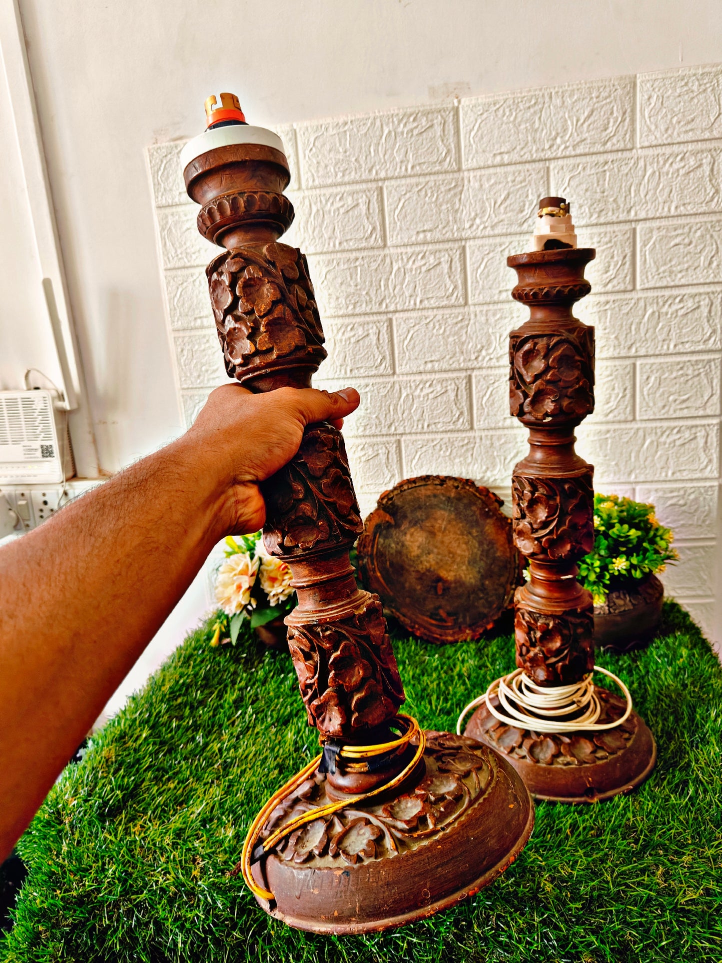 Antique 20 inches Handcrafted Wooden Lamps Pair - Kashmiri Walnut Wood - Bombay Antiques