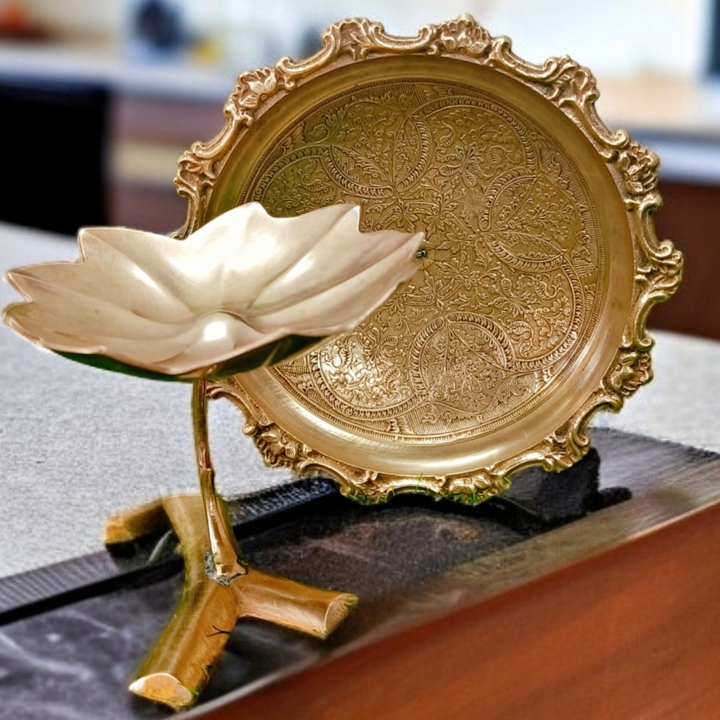 Antique Brass Serving Flower Engraved Design tray | Fruit Bowls in Pair