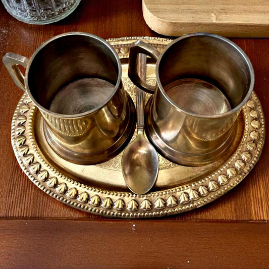 Antique Brass Mugs and Spoon Set with Tray | Traditional Serveware Collection
