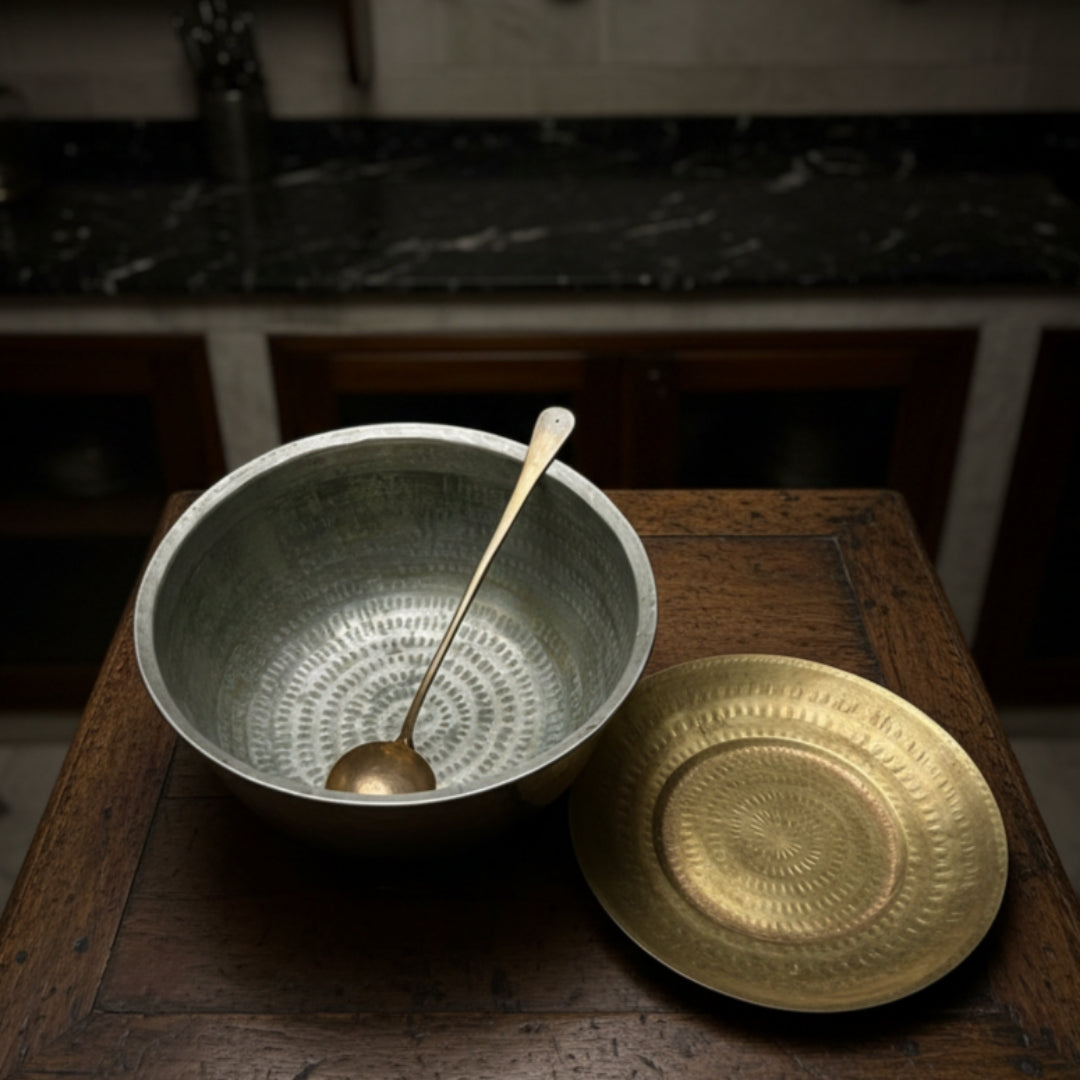 1974 Antique Brass Long Cooking Bowl with Lid, Ladle & Stand | Traditional Kitchen & Dining Utensil