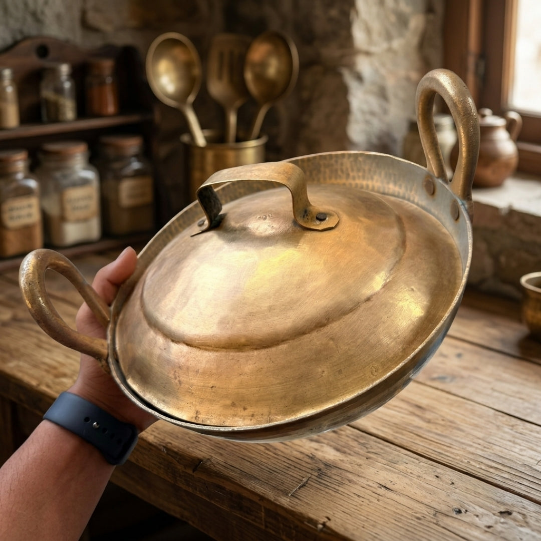 Antique Peetal Kadai with Lid & Ladle | Brass Cooking Vessel Set | Made in 1955
