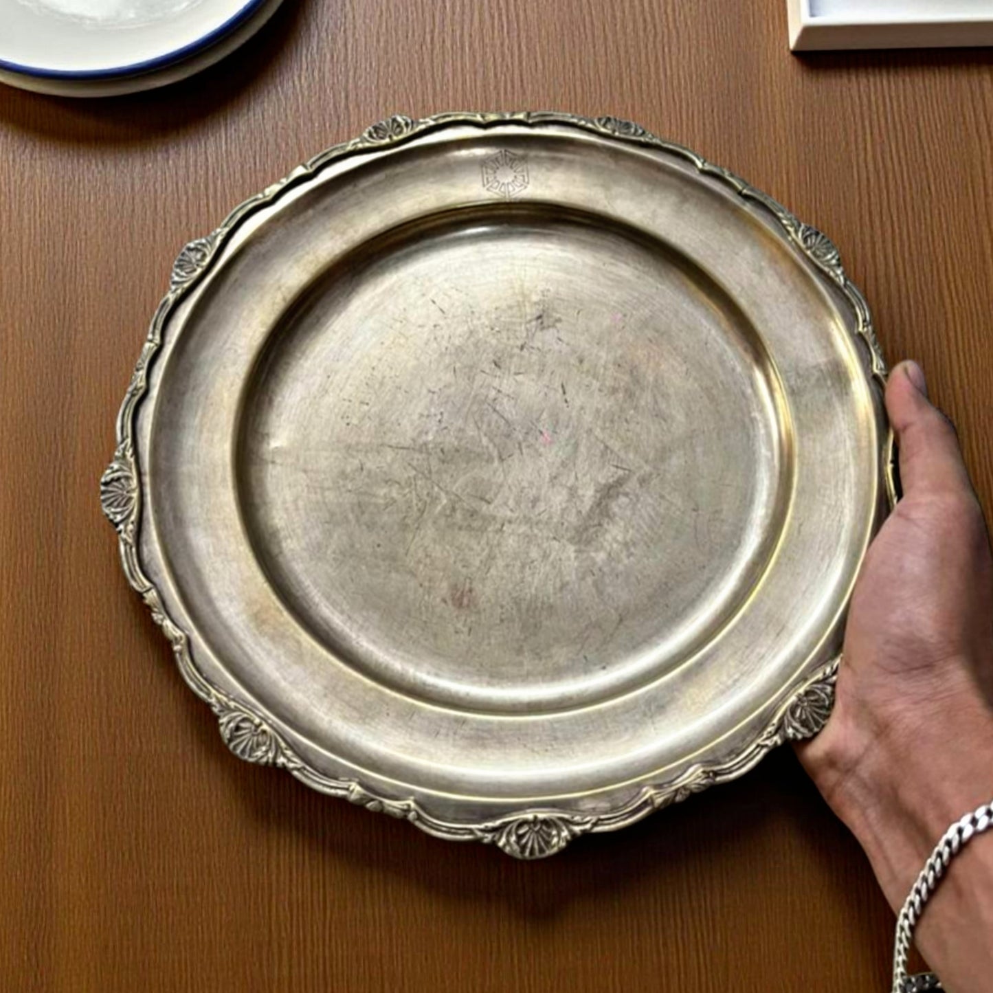 Antique Brass Plate with Ornated Border | Traditional Tableware & Decor Piece