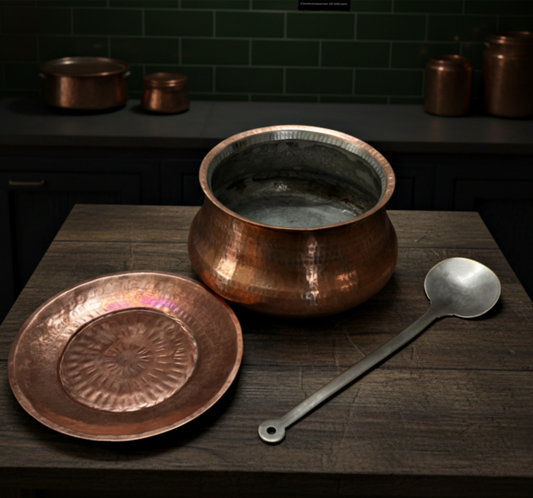 1953 Antique Copper Deg with Lid and Brass Silver-Coated Ladle | Traditional Kitchen & Cooking Set