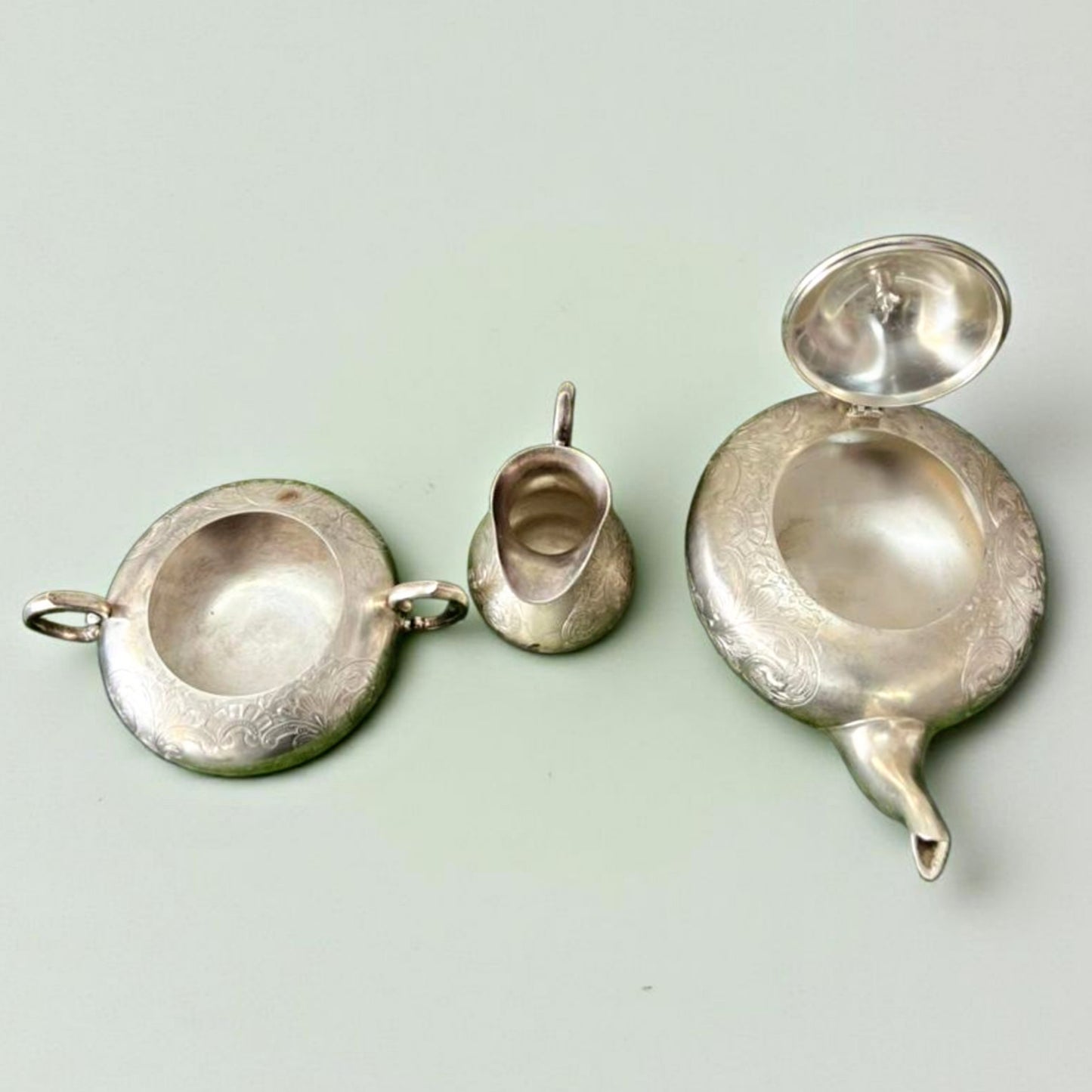 1985 Antique Brass Silver-Coated Tea Serving Set with Siders | Traditional Tableware & Décor